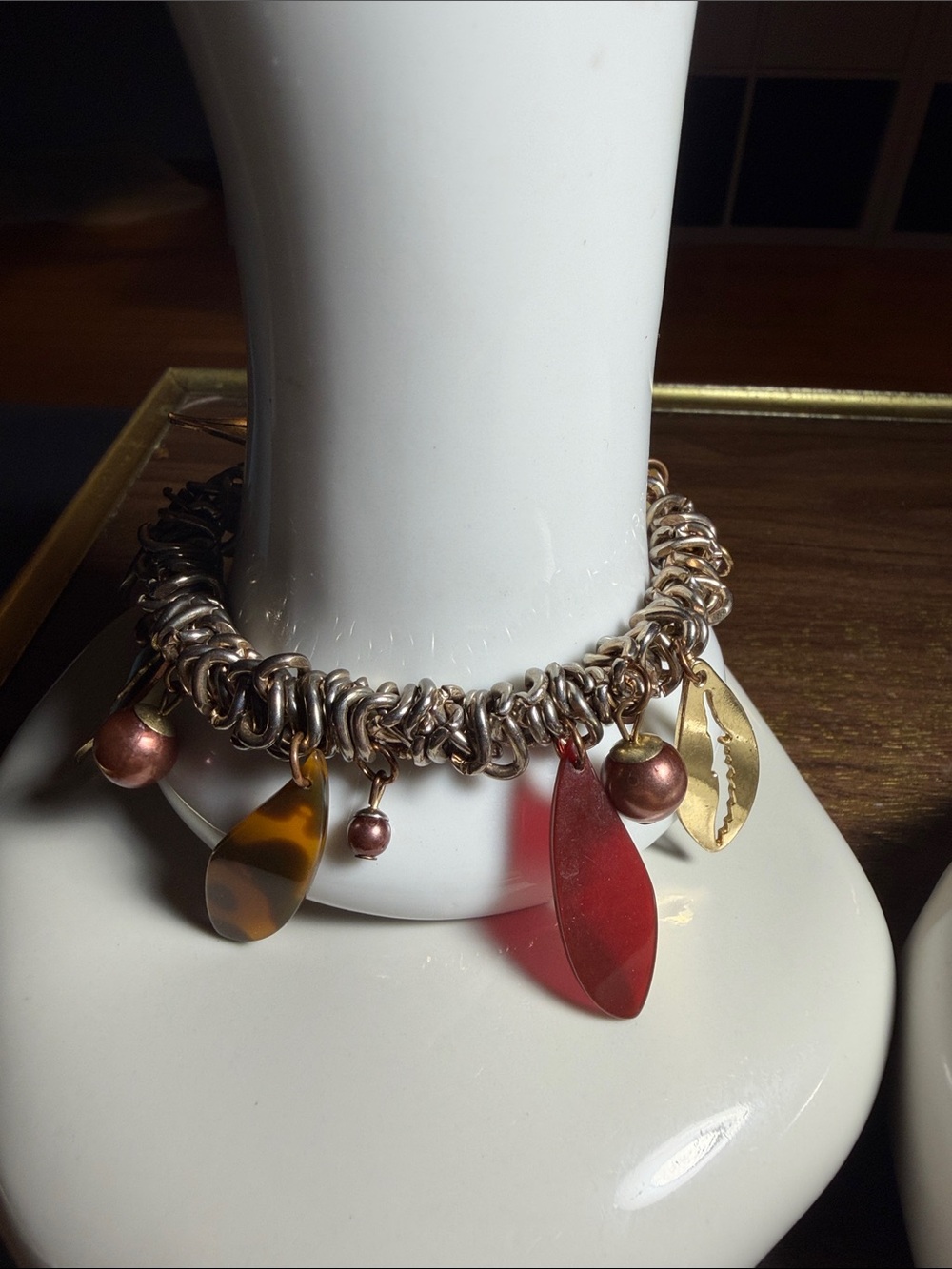 Vintage stretchthick, woven metallic chain base dangling various colorful charms